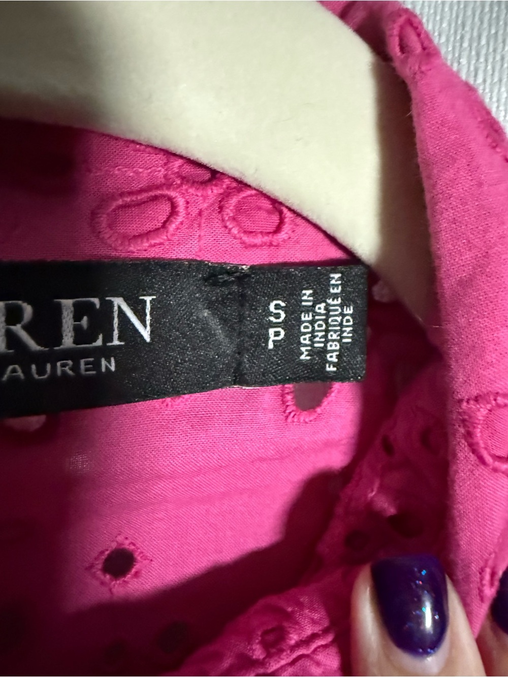 Lauren Ralph Lauren Hot Pink Eyelet Button Up Collared Long Sleeve Shirt Size SP - Picture 8 of 10